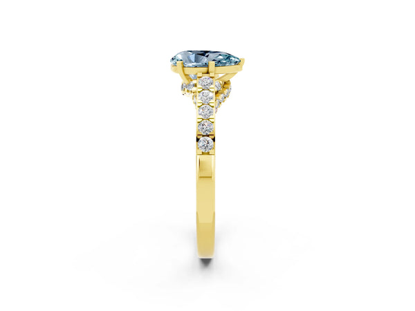 Yellow gold Pear Cut Aquamarine Solitaire Ring with Crossover Gallery and Round  Pavé Band