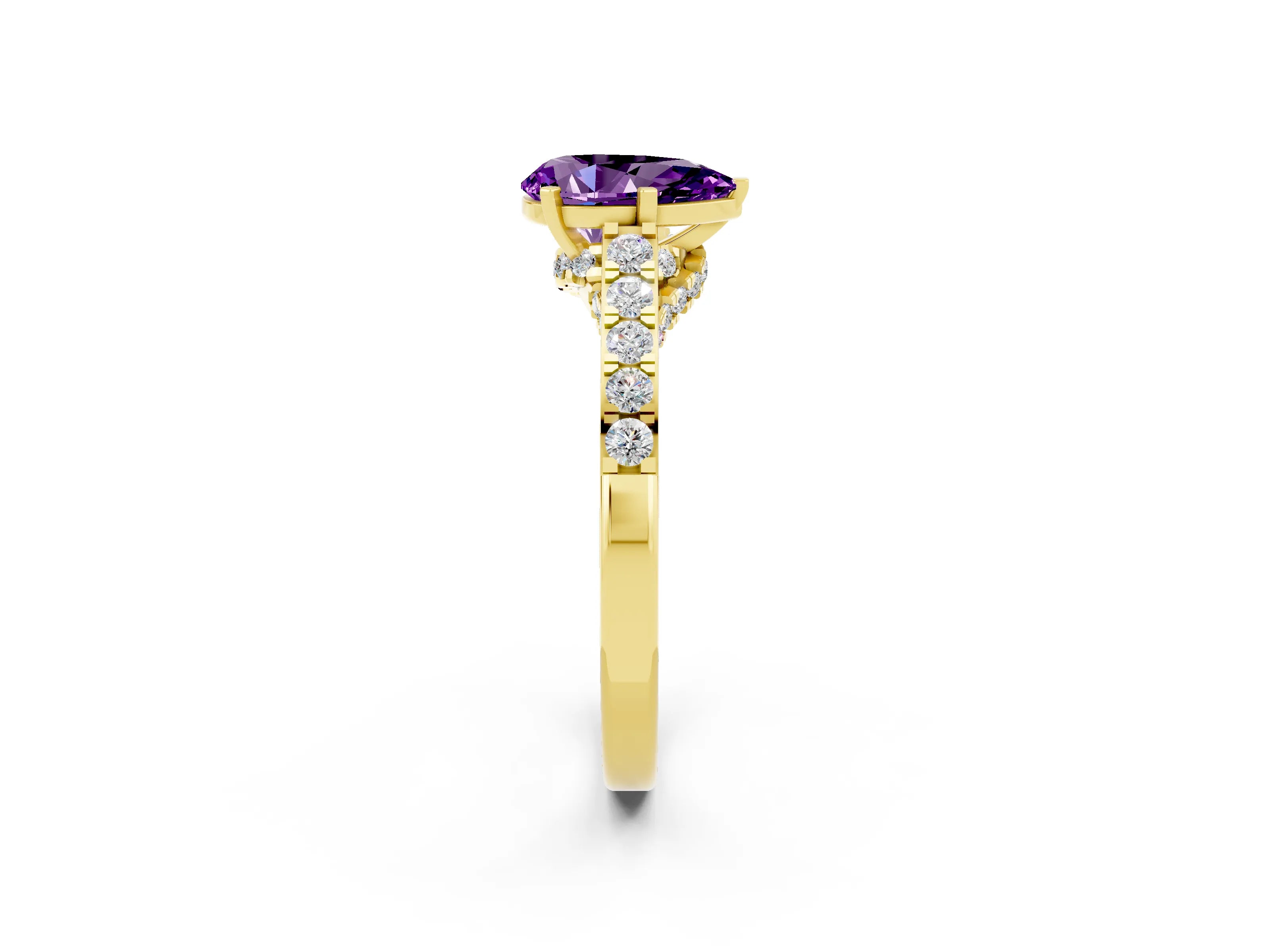 Yellow gold Pear Cut Diamond Solitaire Ring with Pavé Band and Prong Setting_2