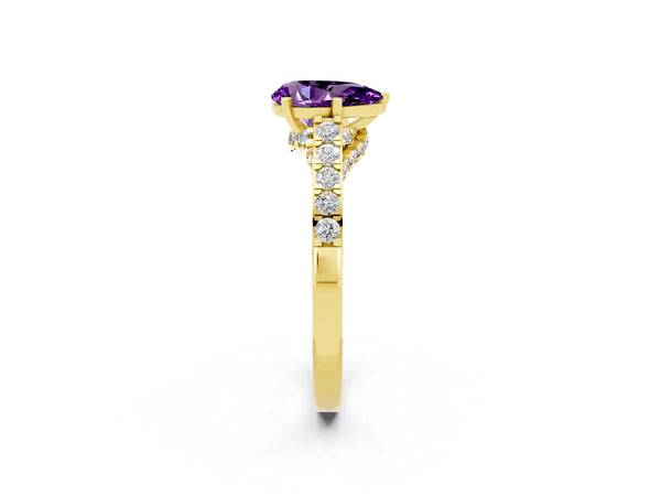 Yellow gold Pear Cut Amethyst Solitaire Ring with Crossover Gallery and Round  Pavé Band