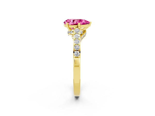 Yellow gold Pear Cut Pink Sapphire Solitaire Ring with Crossover Gallery and Round  Pavé Band