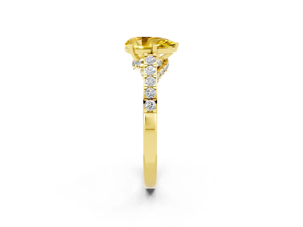 Yellow gold Pear Cut Yellow Sapphire Solitaire Ring with Crossover Gallery and Round  Pavé Band