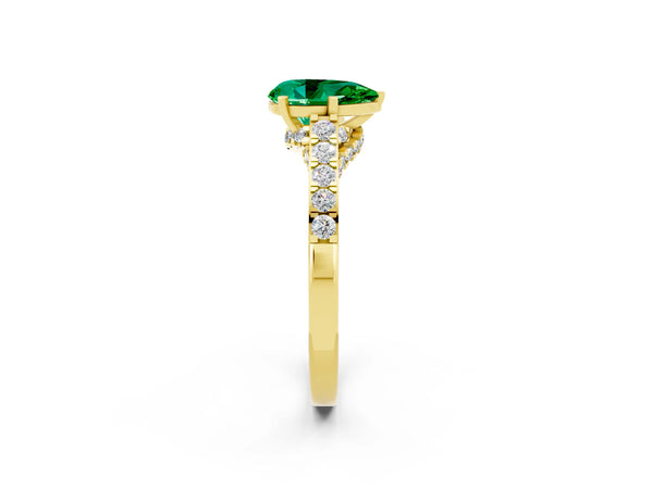 Yellow gold Pear Cut Emerald Solitaire Ring with Crossover Gallery and Round  Pavé Band