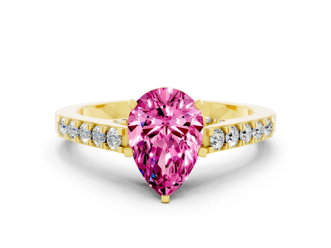 Yellow gold Pear Cut Diamond Solitaire Ring with Pavé Band and Prong Setting