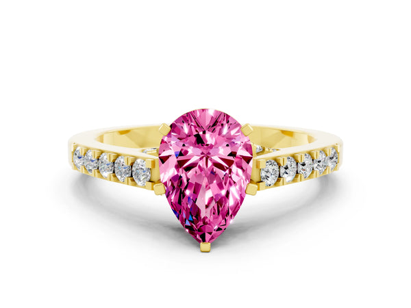 Yellow gold Pear Cut Pink Sapphire Solitaire Ring with Crossover Gallery and Round  Pavé Band