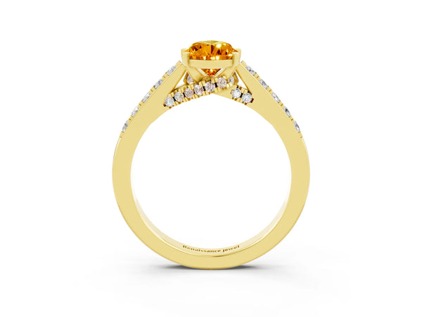 Yellow gold Pear Cut Citrine Solitaire Ring with Crossover Gallery and Round  Pavé Band
