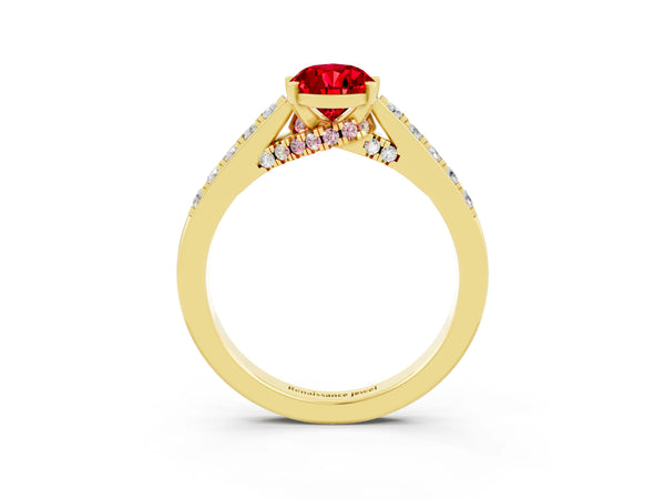 Yellow gold Pear Cut Ruby Solitaire Ring with Crossover Gallery and Round  Pavé Band