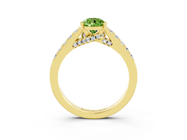 Yellow gold Pear Cut Peridot Solitaire Ring with Crossover Gallery and Round  Pavé Band
