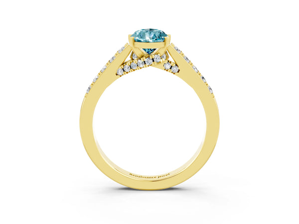 Yellow gold Pear Cut Blue Topaz Solitaire Ring with Crossover Gallery and Round  Pavé Band