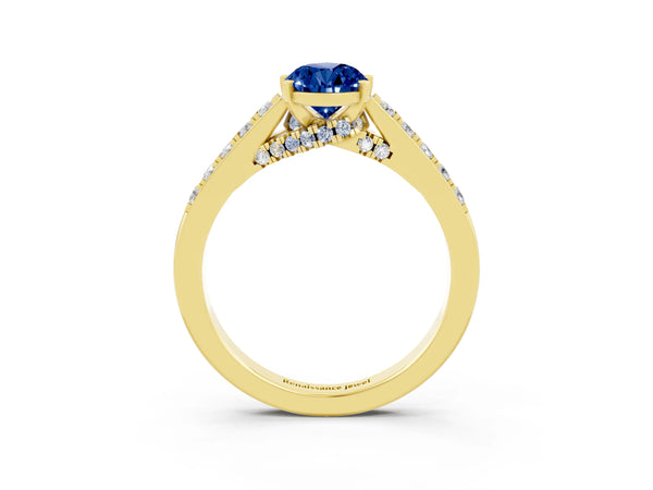 Yellow gold Pear Cut Blue Sapphire Solitaire Ring with Crossover Gallery and Round  Pavé Band