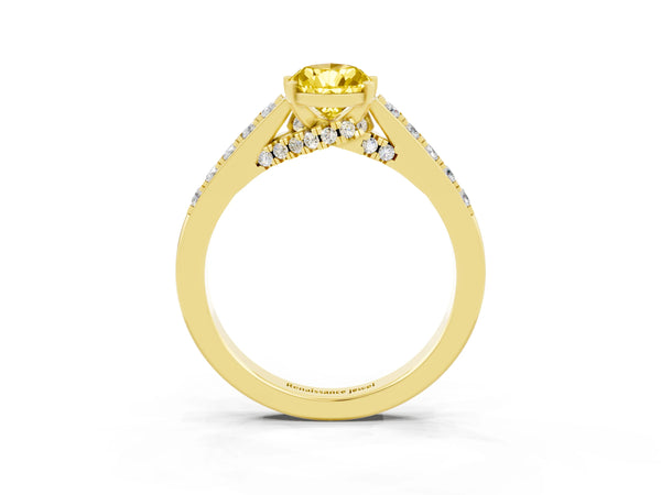 Yellow gold Pear Cut Yellow Sapphire Solitaire Ring with Crossover Gallery and Round  Pavé Band