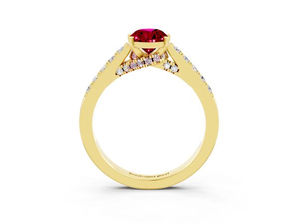 Yellow gold Pear Cut Garnet Solitaire Ring with Crossover Gallery and Round  Pavé Band