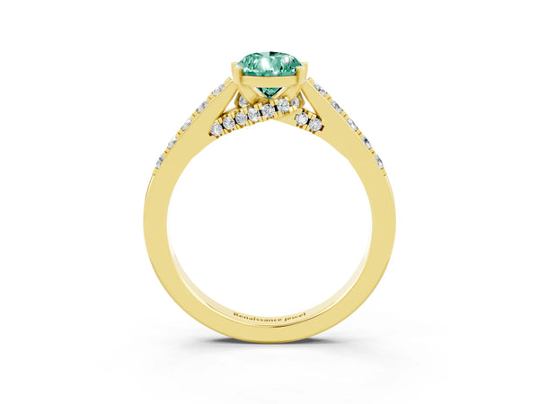 Yellow gold Pear Cut Green Sapphire Solitaire Ring with Crossover Gallery and Round  Pavé Band
