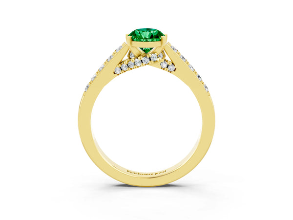 Yellow gold Pear Cut Emerald Solitaire Ring with Crossover Gallery and Round  Pavé Band