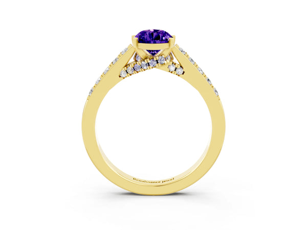 Yellow gold Pear Cut Tanzanite Solitaire Ring with Crossover Gallery and Round  Pavé Band