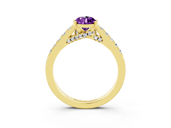 Yellow gold Pear Cut Amethyst Solitaire Ring with Crossover Gallery and Round  Pavé Band