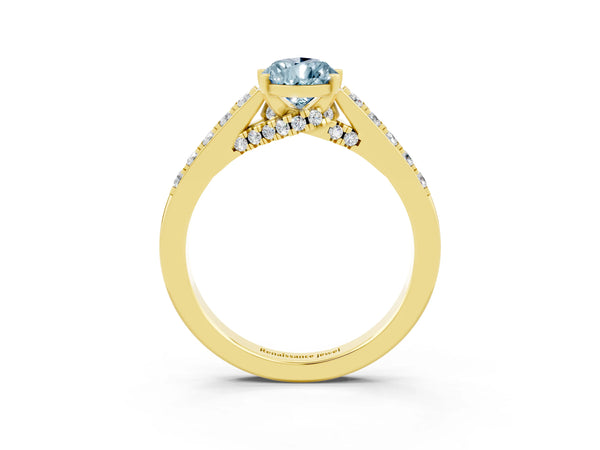 Yellow gold Pear Cut Aquamarine Solitaire Ring with Crossover Gallery and Round  Pavé Band
