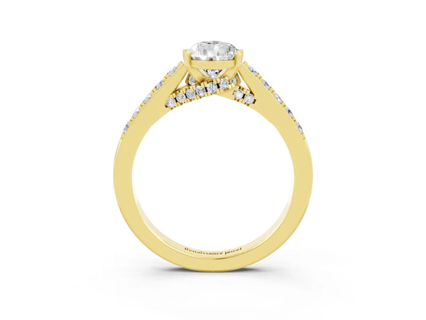 Yellow gold Pear Cut Moissanite Solitaire Ring with Crossover Gallery and Round  Pavé Band