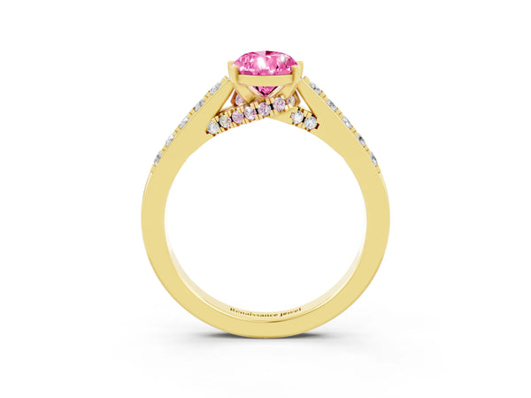 Yellow gold Pear Cut Pink Sapphire Solitaire Ring with Crossover Gallery and Round  Pavé Band