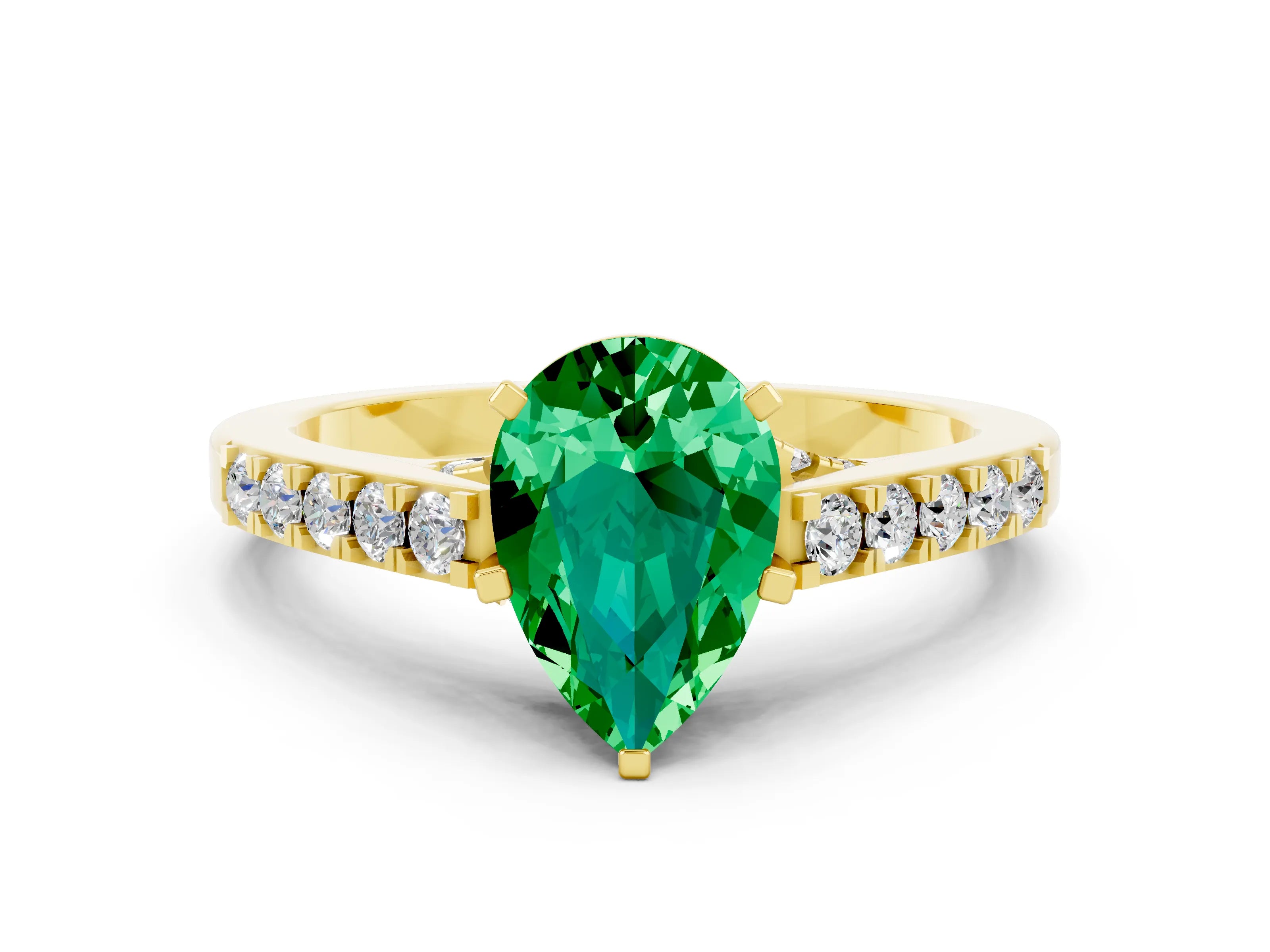Yellow gold Pear Cut Diamond Solitaire Ring with Pavé Band and Prong Setting