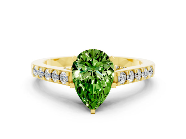 Yellow gold Pear Cut Peridot Solitaire Ring with Crossover Gallery and Round  Pavé Band