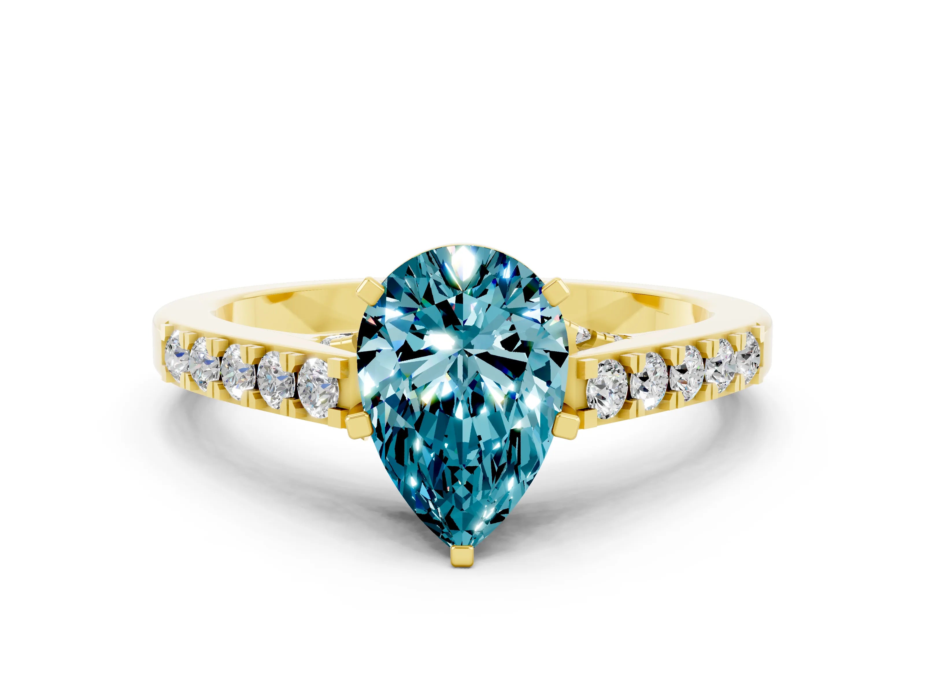 Yellow gold Pear Cut Diamond Solitaire Ring with Pavé Band and Prong Setting