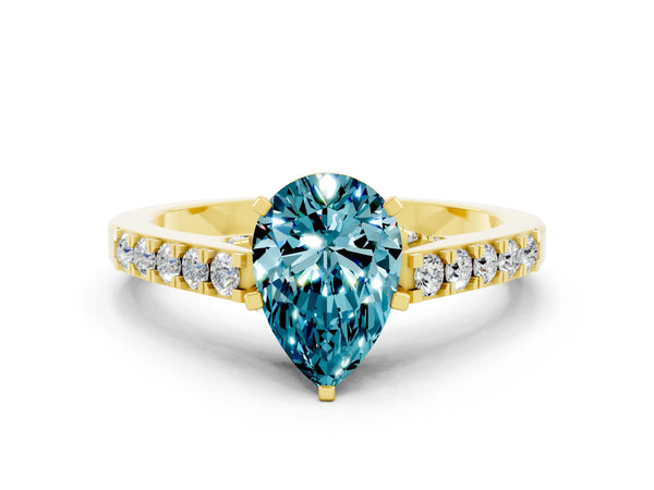Yellow gold Pear Cut Blue Topaz Solitaire Ring with Crossover Gallery and Round  Pavé Band