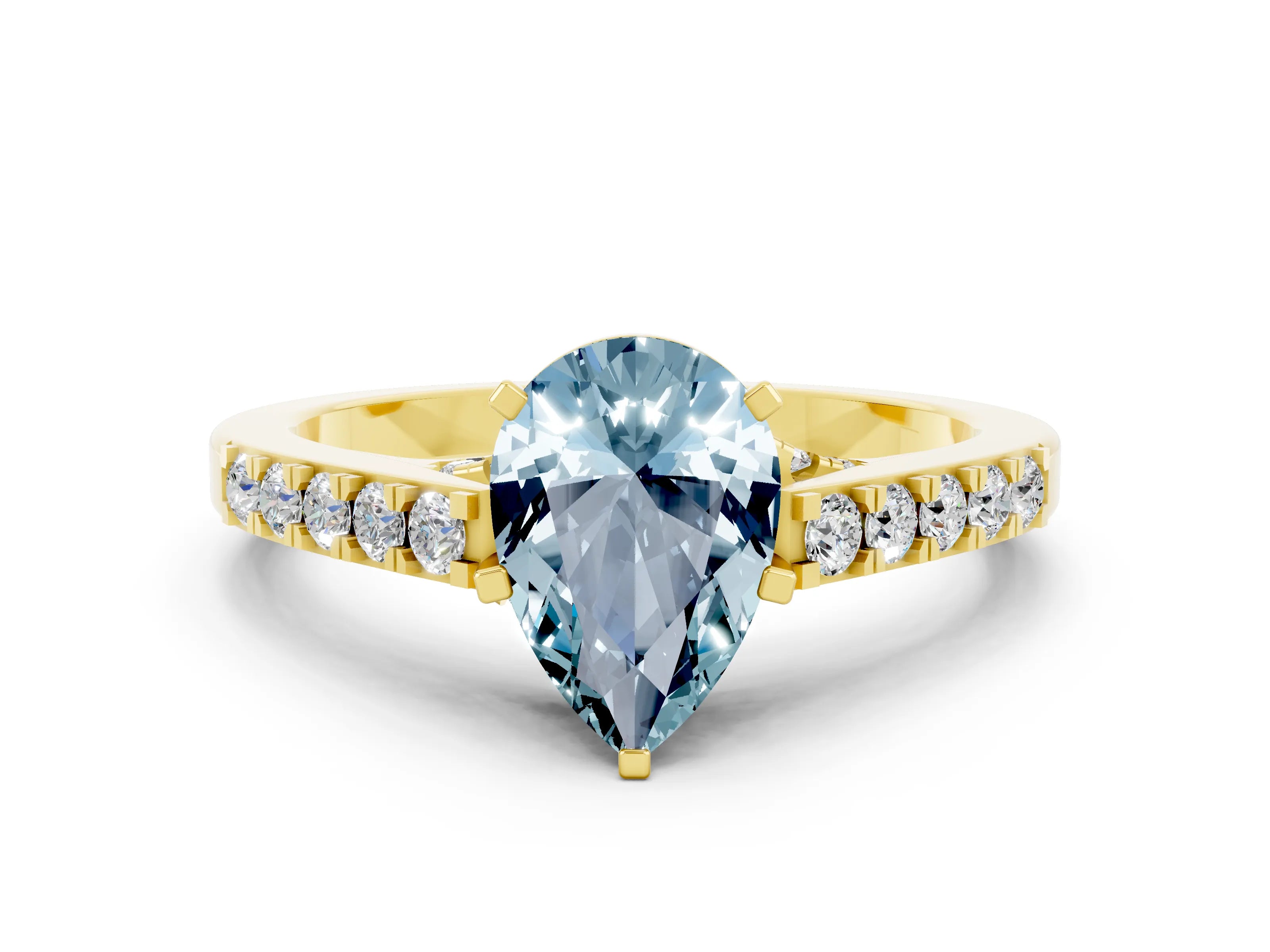 Yellow gold Pear Cut Diamond Solitaire Ring with Pavé Band and Prong Setting