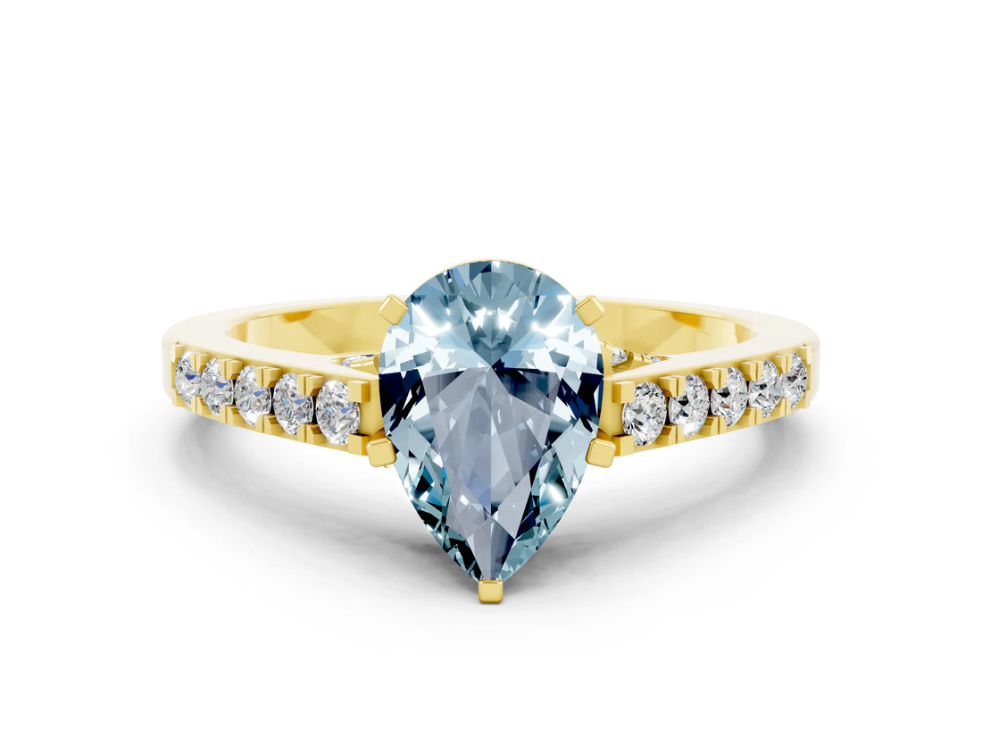 Yellow gold Pear Cut Diamond Solitaire Ring with Pavé Band and Prong Setting