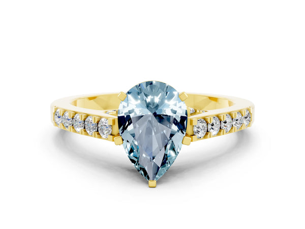Yellow gold Pear Cut Aquamarine Solitaire Ring with Crossover Gallery and Round  Pavé Band