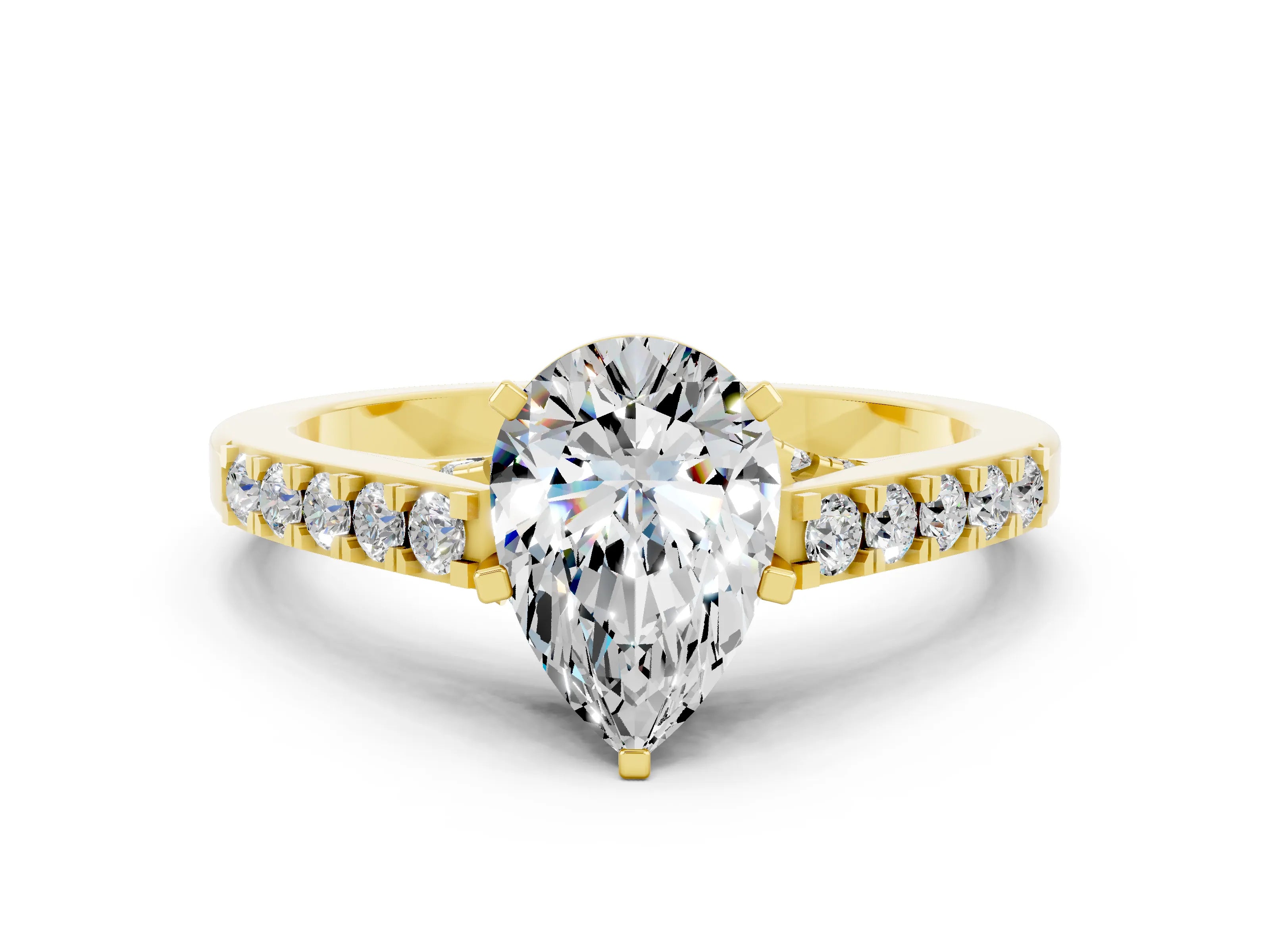 Yellow gold Pear Cut Diamond Solitaire Ring with Pavé Band and Prong Setting