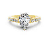 Yellow gold Pear Cut Diamond Solitaire Ring with Pavé Band and Prong Setting