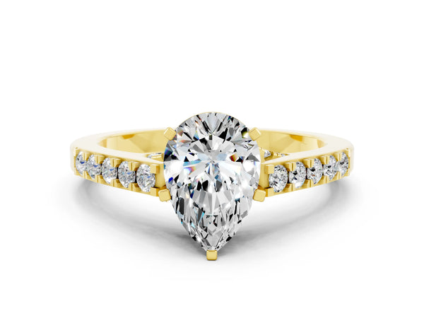 Yellow gold Pear Cut Moissanite Solitaire Ring with Crossover Gallery and Round  Pavé Band