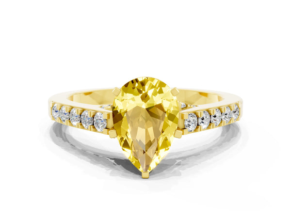 Yellow gold Pear Cut Yellow Sapphire Solitaire Ring with Crossover Gallery and Round  Pavé Band