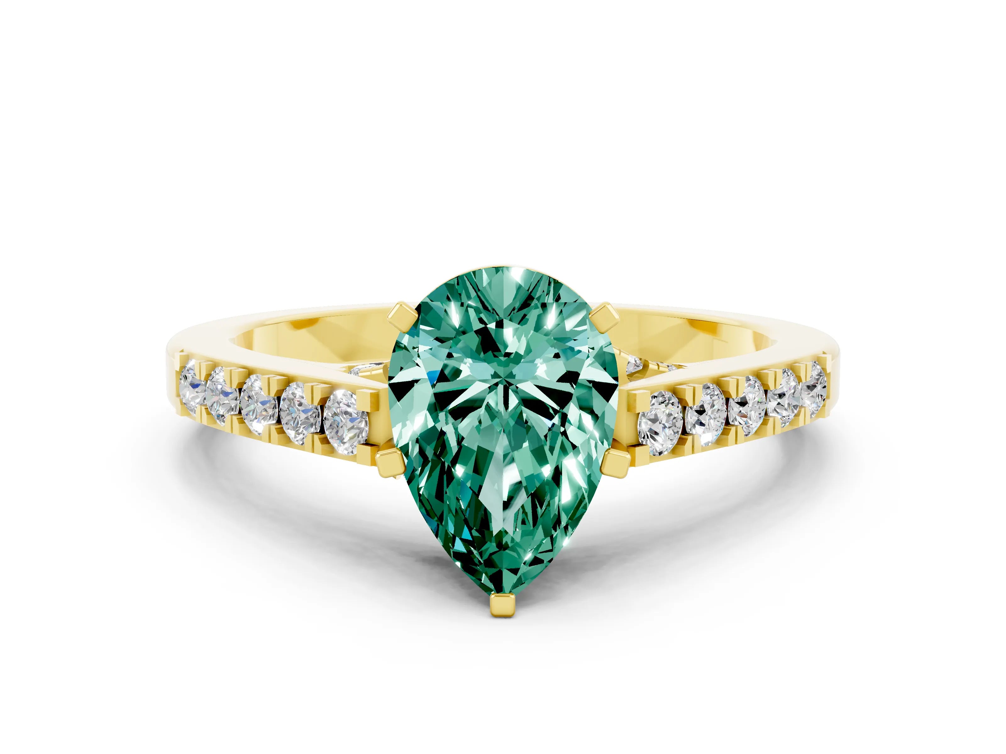 Yellow gold Pear Cut Diamond Solitaire Ring with Pavé Band and Prong Setting