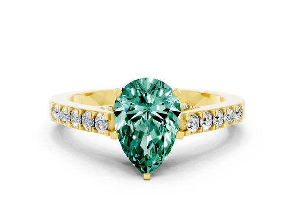 Yellow gold Pear Cut Green Sapphire Solitaire Ring with Crossover Gallery and Round  Pavé Band