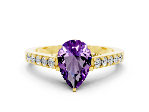 Yellow gold Pear Cut Amethyst Solitaire Ring with Crossover Gallery and Round  Pavé Band