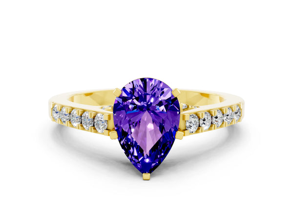 Yellow gold Pear Cut Tanzanite Solitaire Ring with Crossover Gallery and Round  Pavé Band