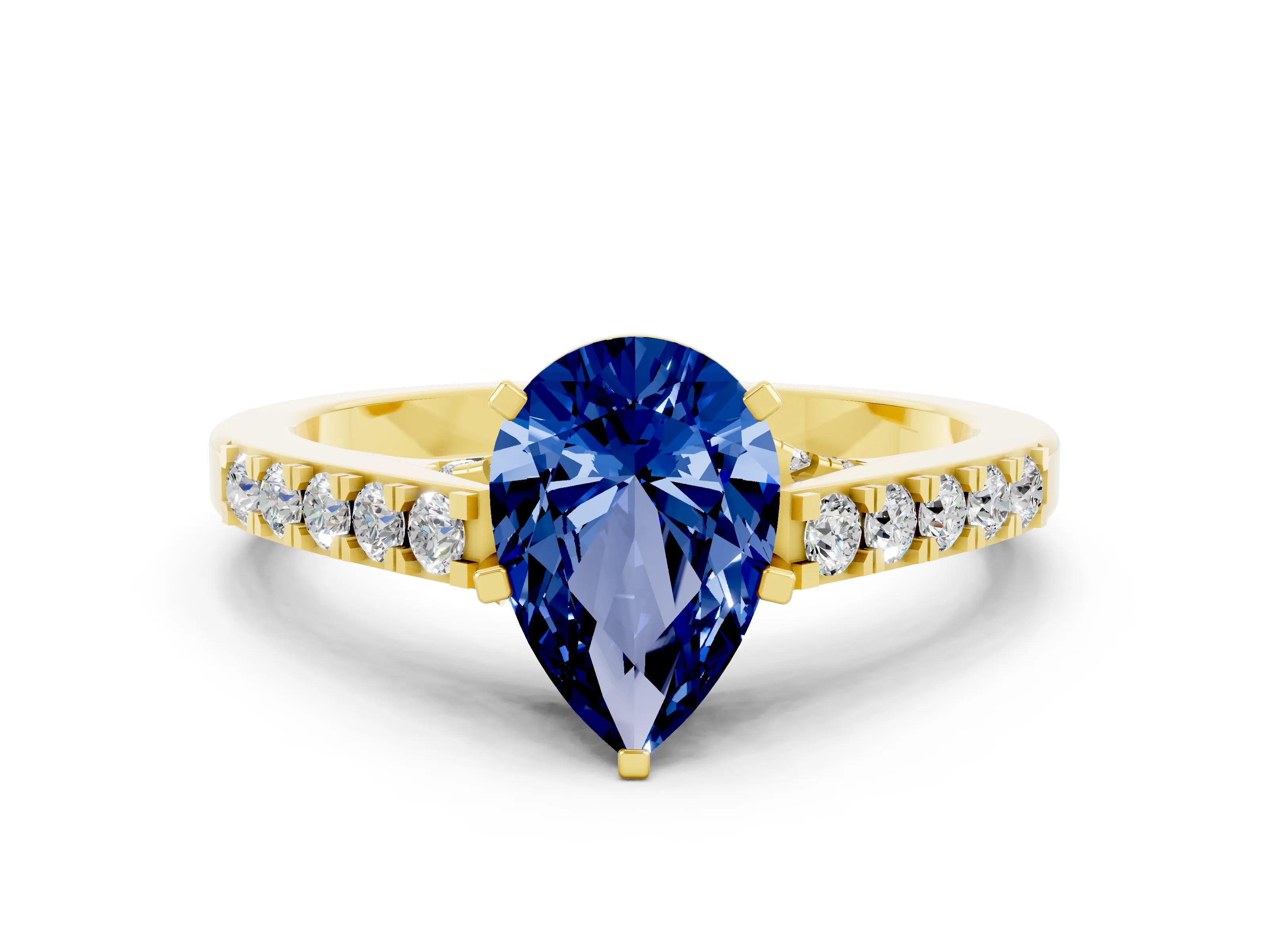 Yellow gold Pear Cut Diamond Solitaire Ring with Pavé Band and Prong Setting