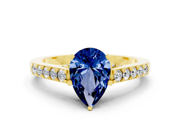 Yellow gold Pear Cut Blue Sapphire Solitaire Ring with Crossover Gallery and Round  Pavé Band