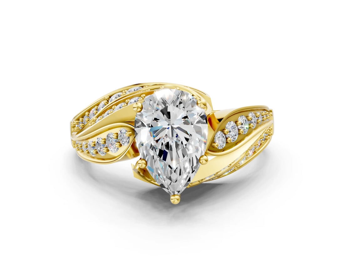 Yellow gold Pear Cut Diamond Solitaire Ring with Prong Setting and Twisted Pavé Band_3