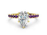 Yellow gold Pear Cut Diamond Solitaire Ring with Round with Amethyst side stone Pavé Band and Four-Prong Setting_36