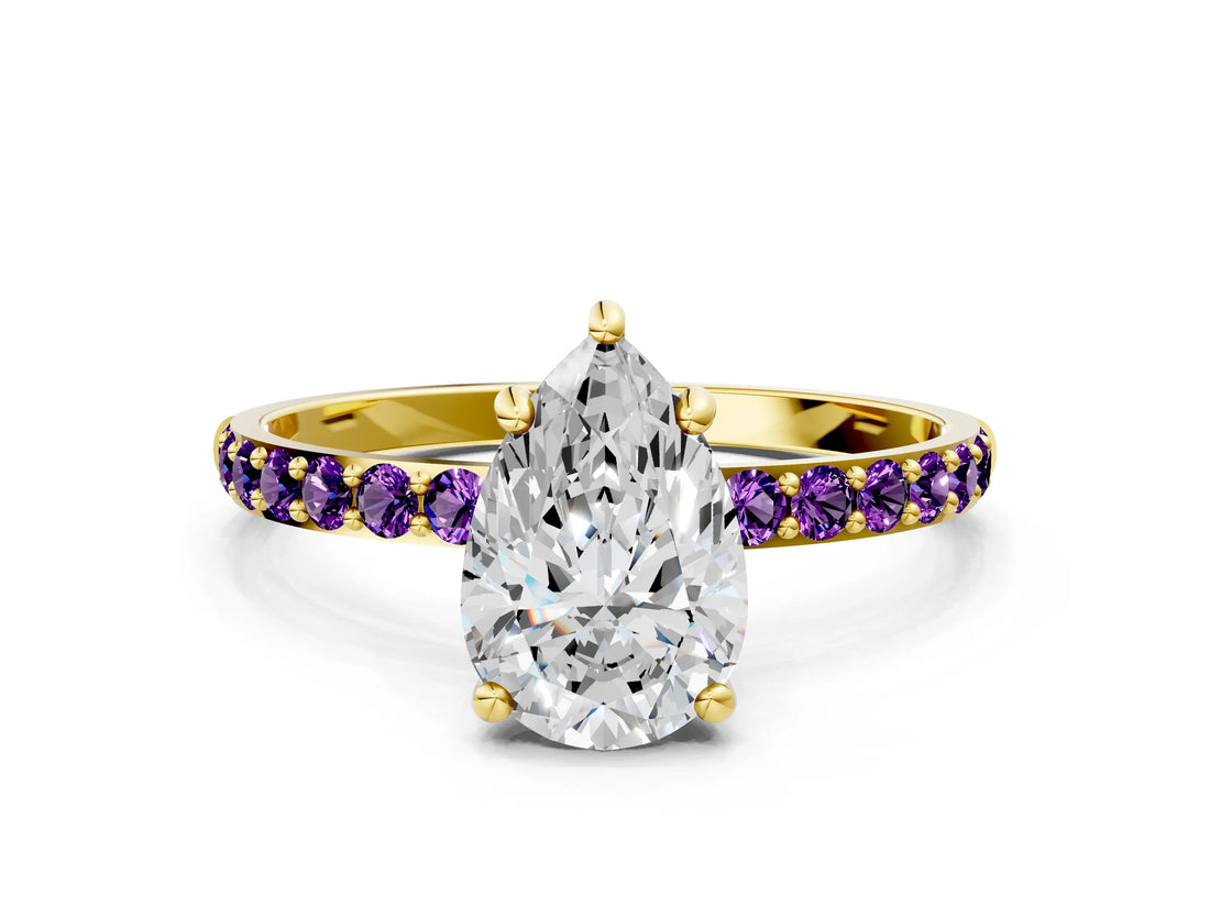 Yellow gold Pear Cut Diamond Solitaire Ring with Round with Amethyst side stone Pavé Band and Prong Setting_12