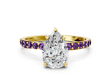 Yellow gold Pear Cut Diamond Solitaire Ring with Round with Amethyst side stone Pavé Band and Prong Setting_12