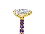 Yellow gold Pear Cut Diamond Solitaire Ring with Round with Amethyst side stone Pavé Band and Prong Setting_5