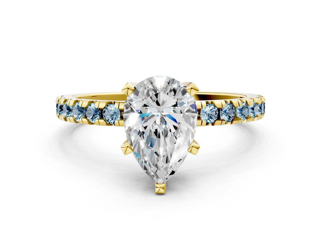 Yellow gold Pear Cut Diamond Solitaire Ring with Round with Aquamarine side stone Pavé Band and Four-Prong Setting_36