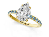 Yellow gold Pear Cut Diamond Solitaire Ring with Round with Aquamarine side stone Pavé Band and Prong Setting_25