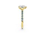 Yellow gold Pear Cut Diamond Solitaire Ring with Round with Aquamarine side stone Pavé Band and Prong Setting_26