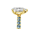 Yellow gold Pear Cut Diamond Solitaire Ring with Round with Aquamarine side stone Pavé Band and Prong Setting_29