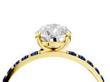 Yellow gold Pear Cut Diamond Solitaire Ring with Round with Blue Sapphire side stone Pavé Band and Prong Setting_16