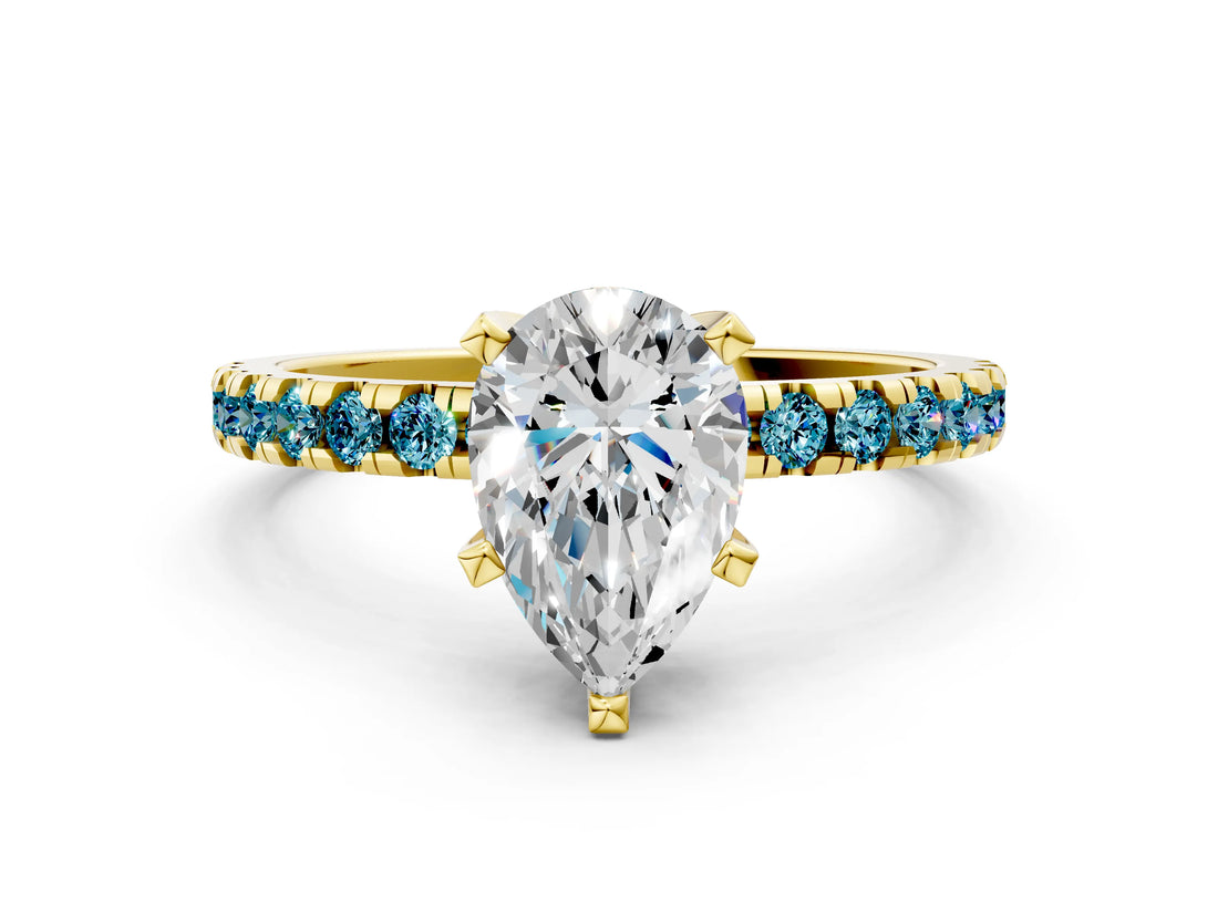 Yellow gold Pear Cut Diamond Solitaire Ring with Round with Blue Topaz side stone Pavé Band and Four-Prong Setting_36